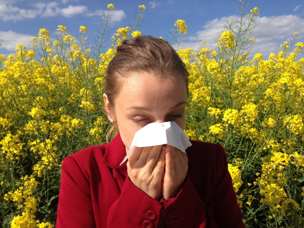 Sneezing, wheezing, runny nose, itchy skin, hives because of allergies. Seasonal allergies, food allergies, pet allergies, latex allergies, drug allergies, and mold allergies.